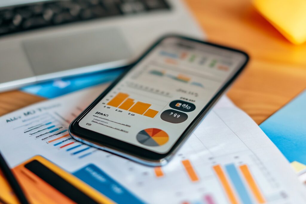 Mobile device displaying payment reports and analytics dashboard for iPay online payment solutions